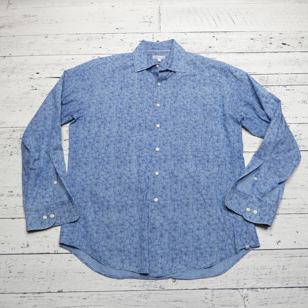 Peter Millar Shirt Mens Large Blue Floral Hibiscus Button Down Long Sleeve Print